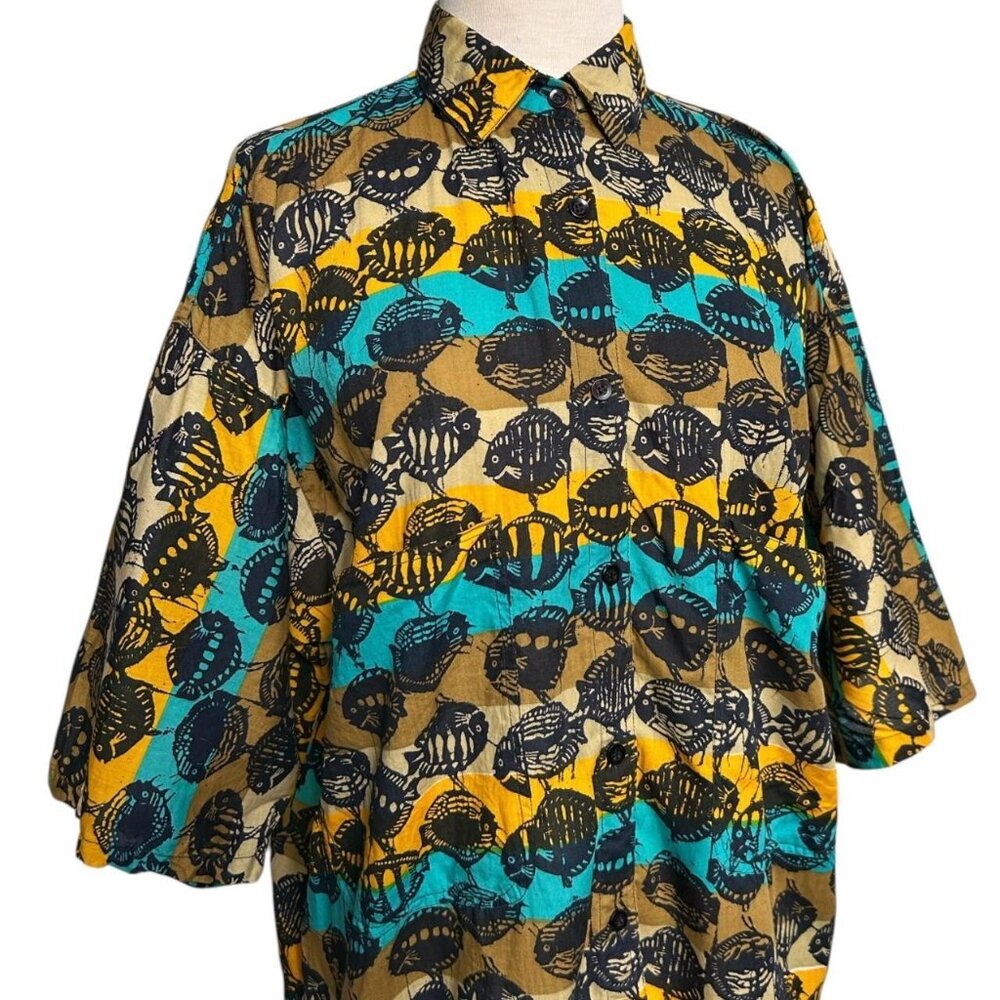 90s Vintage Blowfish Pattern Oversized Shirt Buttonup Fish Novelty Print Mexx.